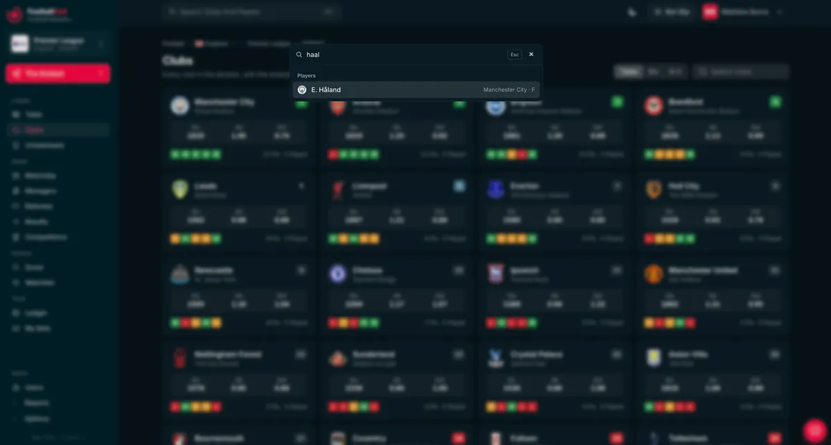Search open over the Clubs screen, finding a player as you type